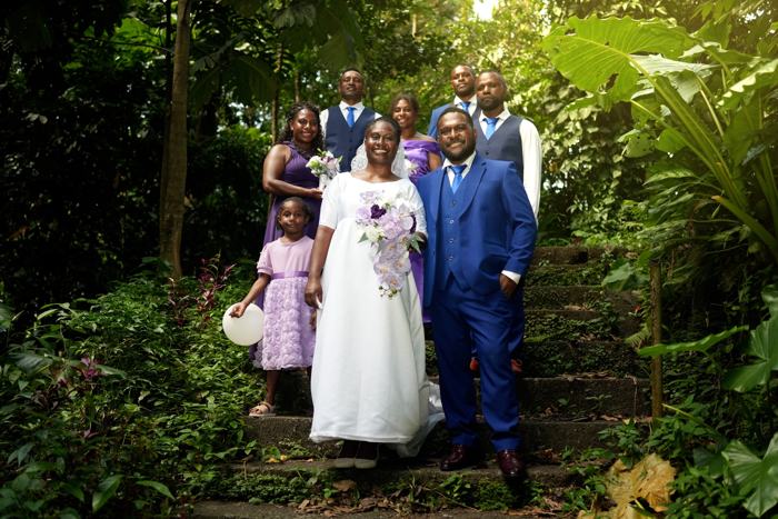 Wedding party on a forest path